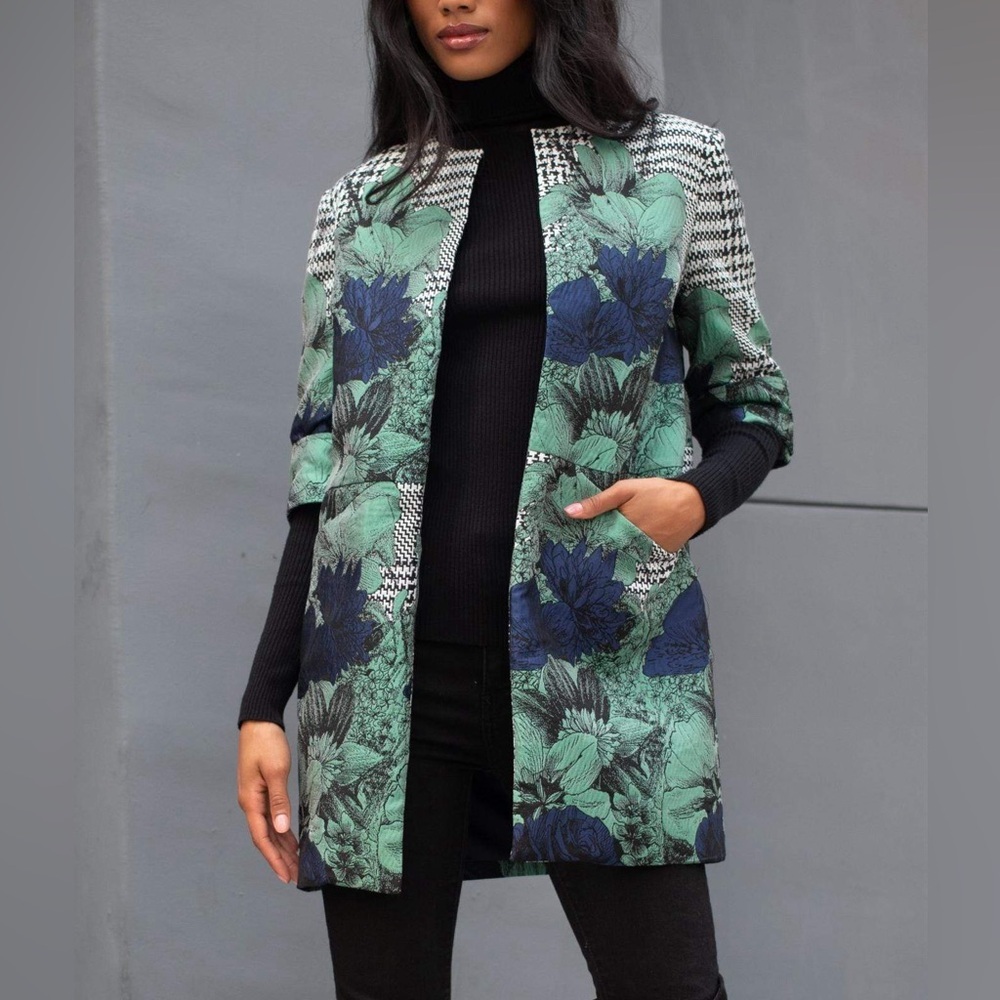 ANTHROPOLOGIE Eva Franco Veronica Floral Houndstooth Car Coat